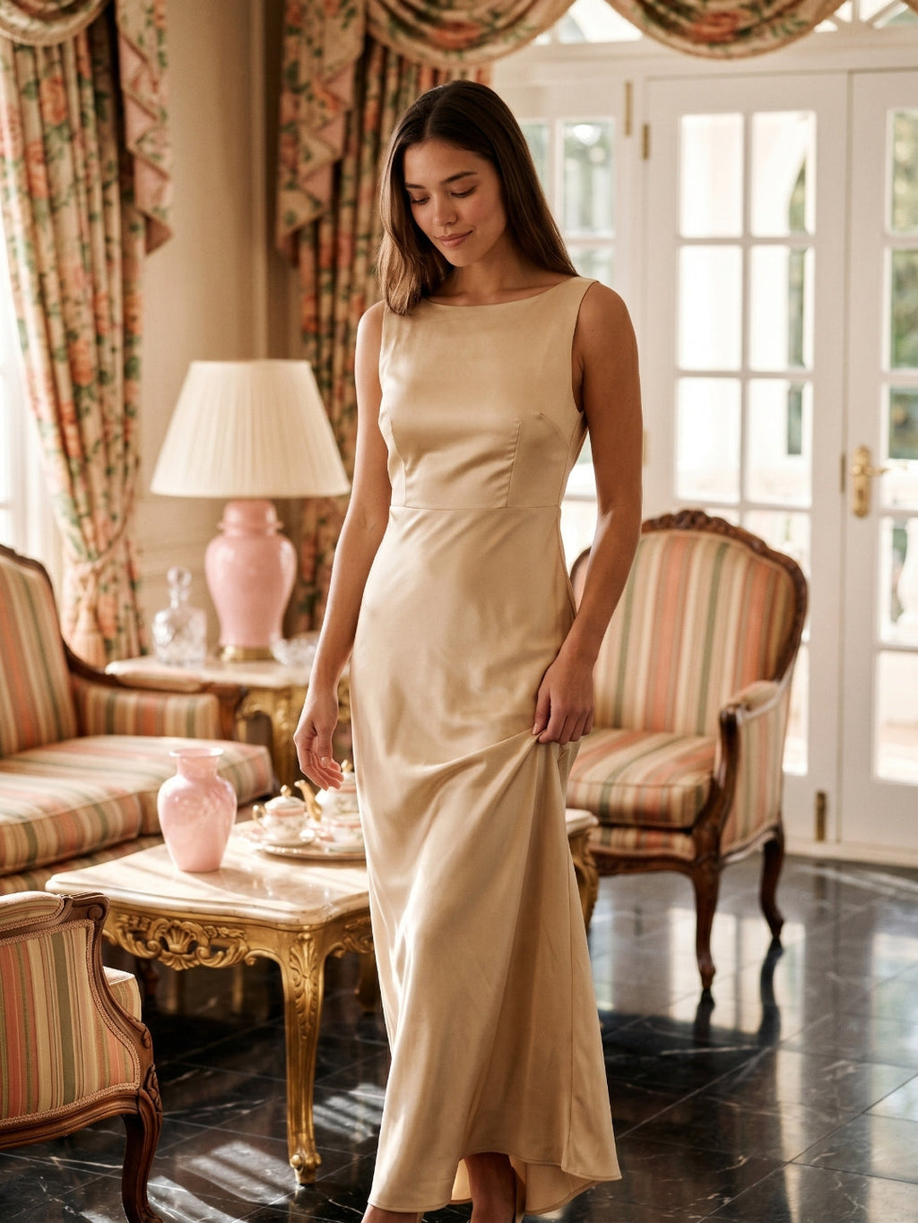 Champagne Satin Column Scoop Neck Backless Floor-Length Bridesmaid Dress with Pleats - Curvevia