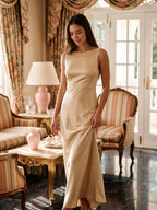 Champagne Satin Column Scoop Neck Backless Floor-Length Bridesmaid Dress with Pleats - Curvevia