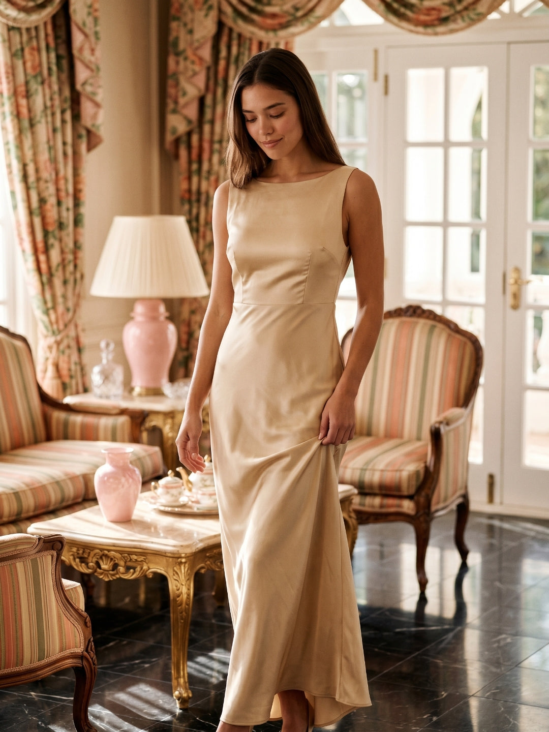 Champagne Satin Column Scoop Neck Backless Floor-Length Bridesmaid Dress with Pleats - Curvevia