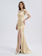 Champagne Satin Floor-Length Mermaid Bridesmaid Dress V-Neck Back Zipper - Curvevia