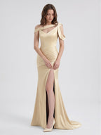 Champagne Satin Floor-Length Mermaid Bridesmaid Dress V-Neck Back Zipper - Curvevia