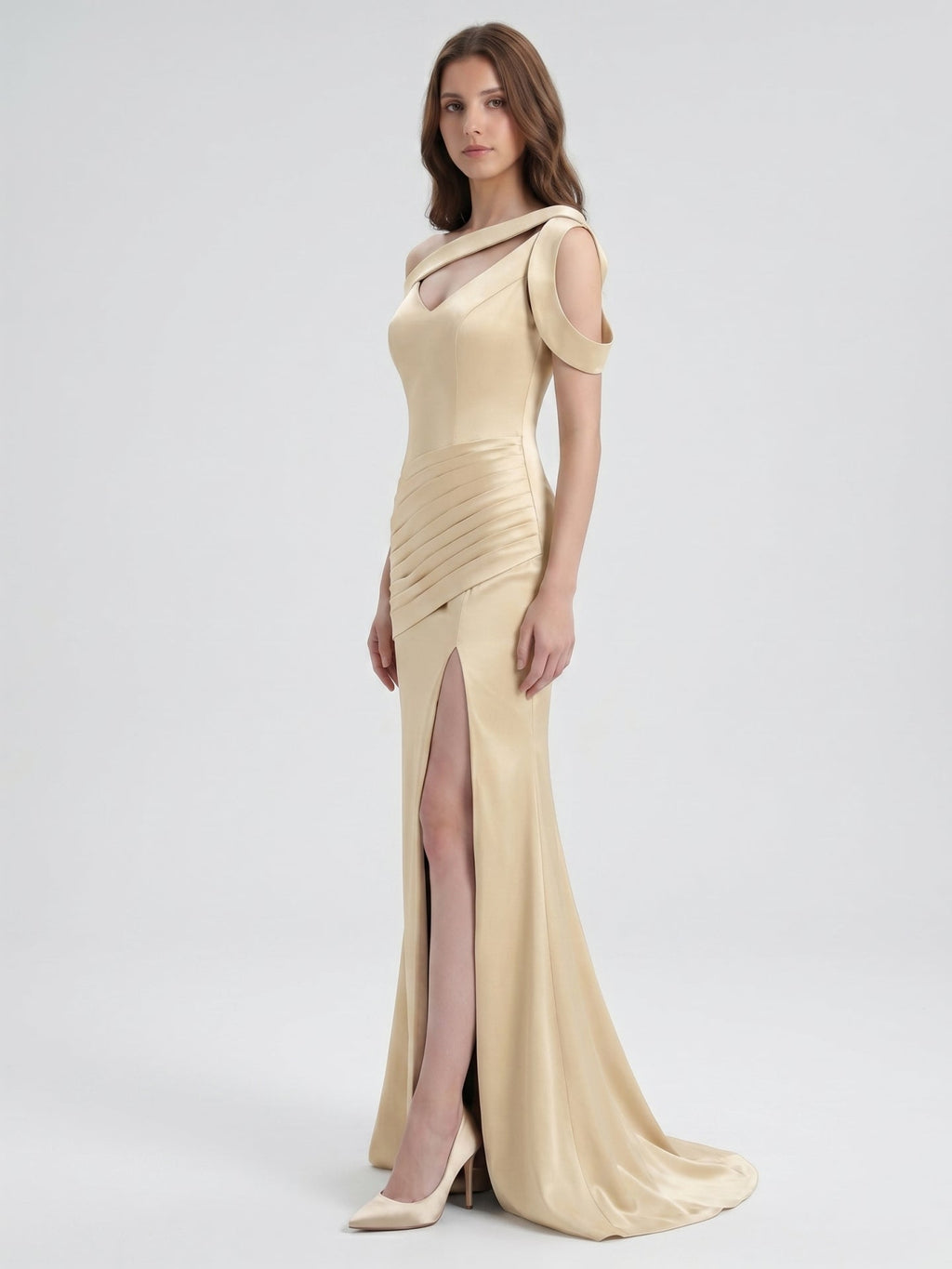 Champagne Satin Floor-Length Mermaid Bridesmaid Dress V-Neck Back Zipper - Curvevia