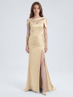 Champagne Satin Floor-Length Mermaid Bridesmaid Dress V-Neck Back Zipper - Curvevia