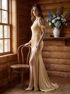 Champagne Satin Floor-Length Mermaid Bridesmaid Dress V-Neck Back Zipper - Curvevia
