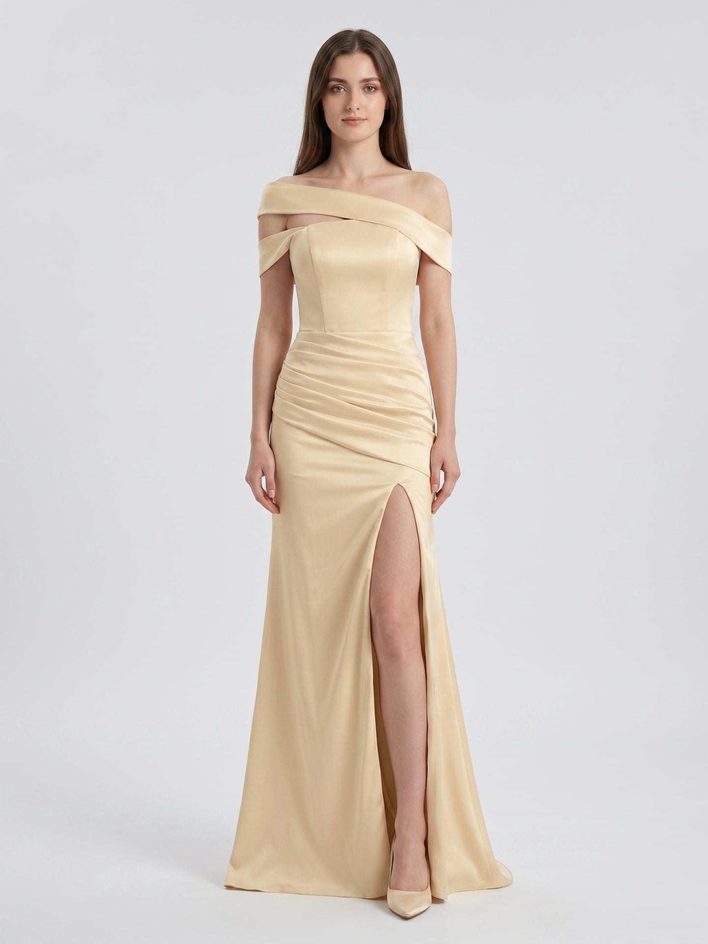 Champagne Satin Mermaid Off-Shoulder Zip-Back Floor-Length Bridesmaid Dress with Pleats - Curvevia