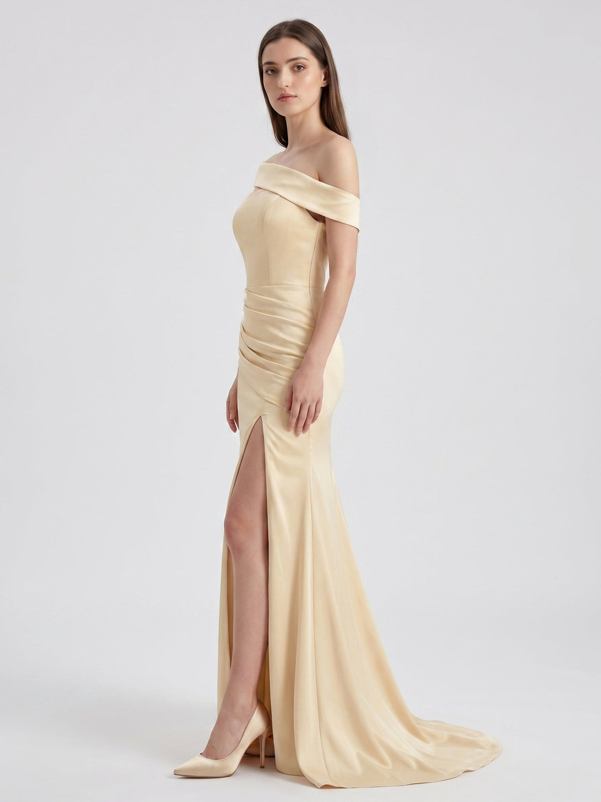 Champagne Satin Mermaid Off-Shoulder Zip-Back Floor-Length Bridesmaid Dress with Pleats - Curvevia