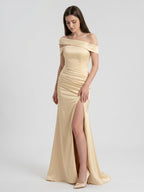 Champagne Satin Mermaid Off-Shoulder Zip-Back Floor-Length Bridesmaid Dress with Pleats - Curvevia