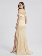 Champagne Satin Mermaid Off-Shoulder Zip-Back Floor-Length Bridesmaid Dress with Pleats - Curvevia
