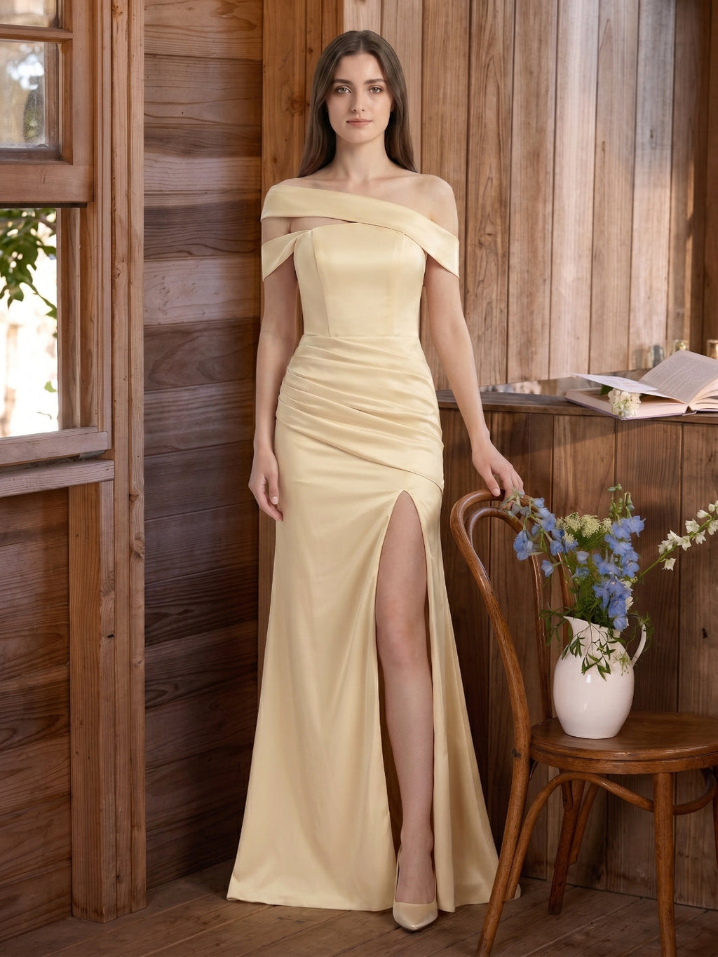 Champagne Satin Mermaid Off-Shoulder Zip-Back Floor-Length Bridesmaid Dress with Pleats - Curvevia