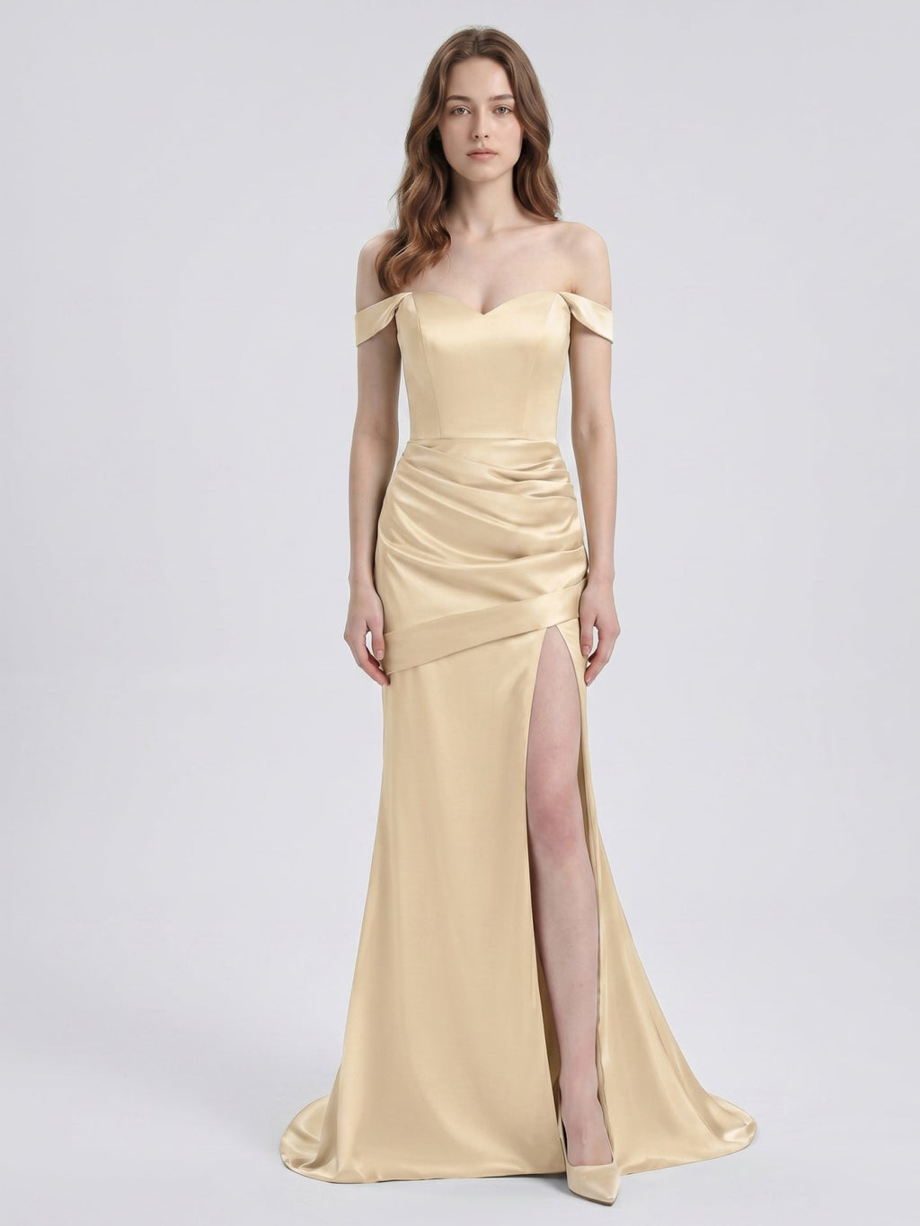 Champagne Satin Mermaid Off-the-Shoulder Back Zip Floor-Length Bridesmaid Dress - Curvevia