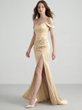 Champagne Satin Mermaid Off-the-Shoulder Back Zip Floor-Length Bridesmaid Dress - Curvevia