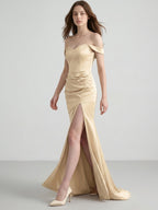 Champagne Satin Mermaid Off-the-Shoulder Back Zip Floor-Length Bridesmaid Dress - Curvevia