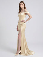 Champagne Satin Mermaid Off-the-Shoulder Back Zip Floor-Length Bridesmaid Dress - Curvevia