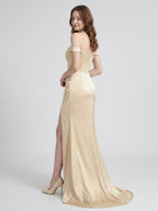 Champagne Satin Mermaid Off-the-Shoulder Back Zip Floor-Length Bridesmaid Dress - Curvevia