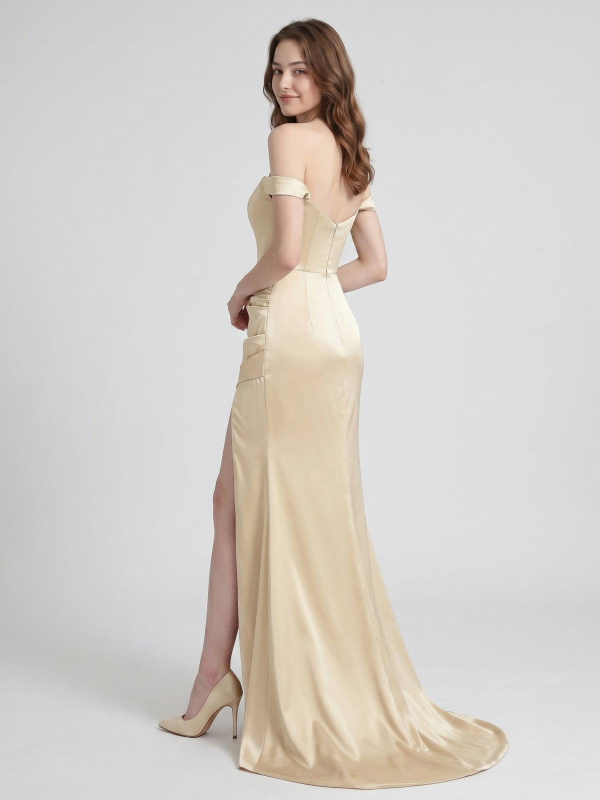 Champagne Satin Mermaid Off-the-Shoulder Back Zip Floor-Length Bridesmaid Dress - Curvevia