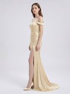 Champagne Satin Mermaid Off-the-Shoulder Back Zip Floor-Length Bridesmaid Dress - Curvevia