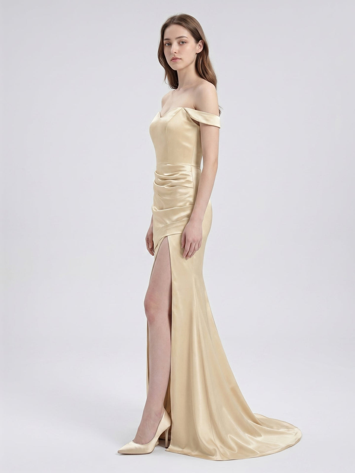 Champagne Satin Mermaid Off-the-Shoulder Back Zip Floor-Length Bridesmaid Dress - Curvevia