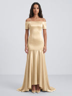 Champagne Satin Mermaid Off-the-Shoulder Back Zip Floor-Length Bridesmaid Dress with Pleats - Curvevia