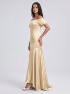 Champagne Satin Mermaid Off-the-Shoulder Back Zip Floor-Length Bridesmaid Dress with Pleats - Curvevia