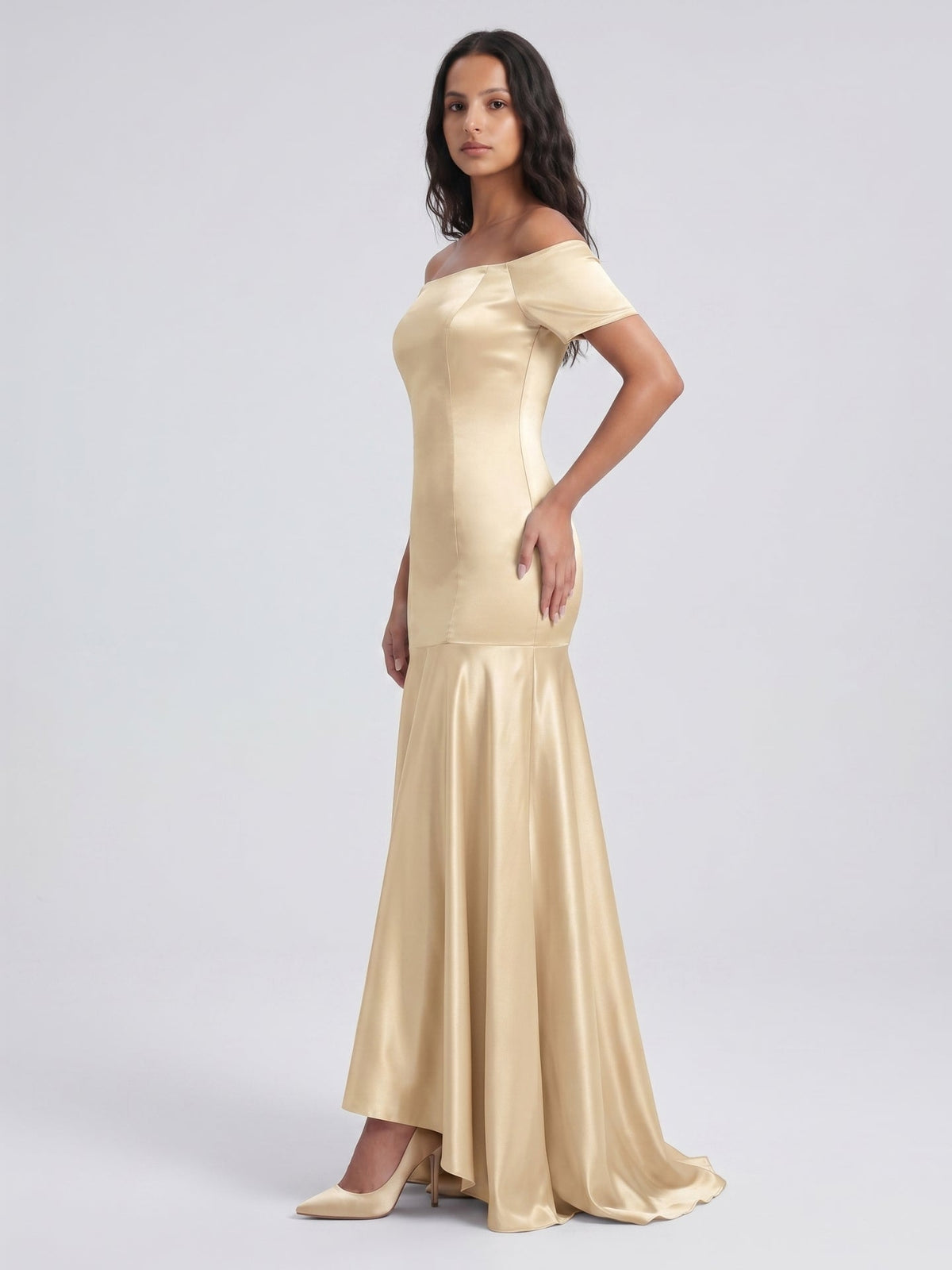 Champagne Satin Mermaid Off-the-Shoulder Back Zip Floor-Length Bridesmaid Dress with Pleats - Curvevia