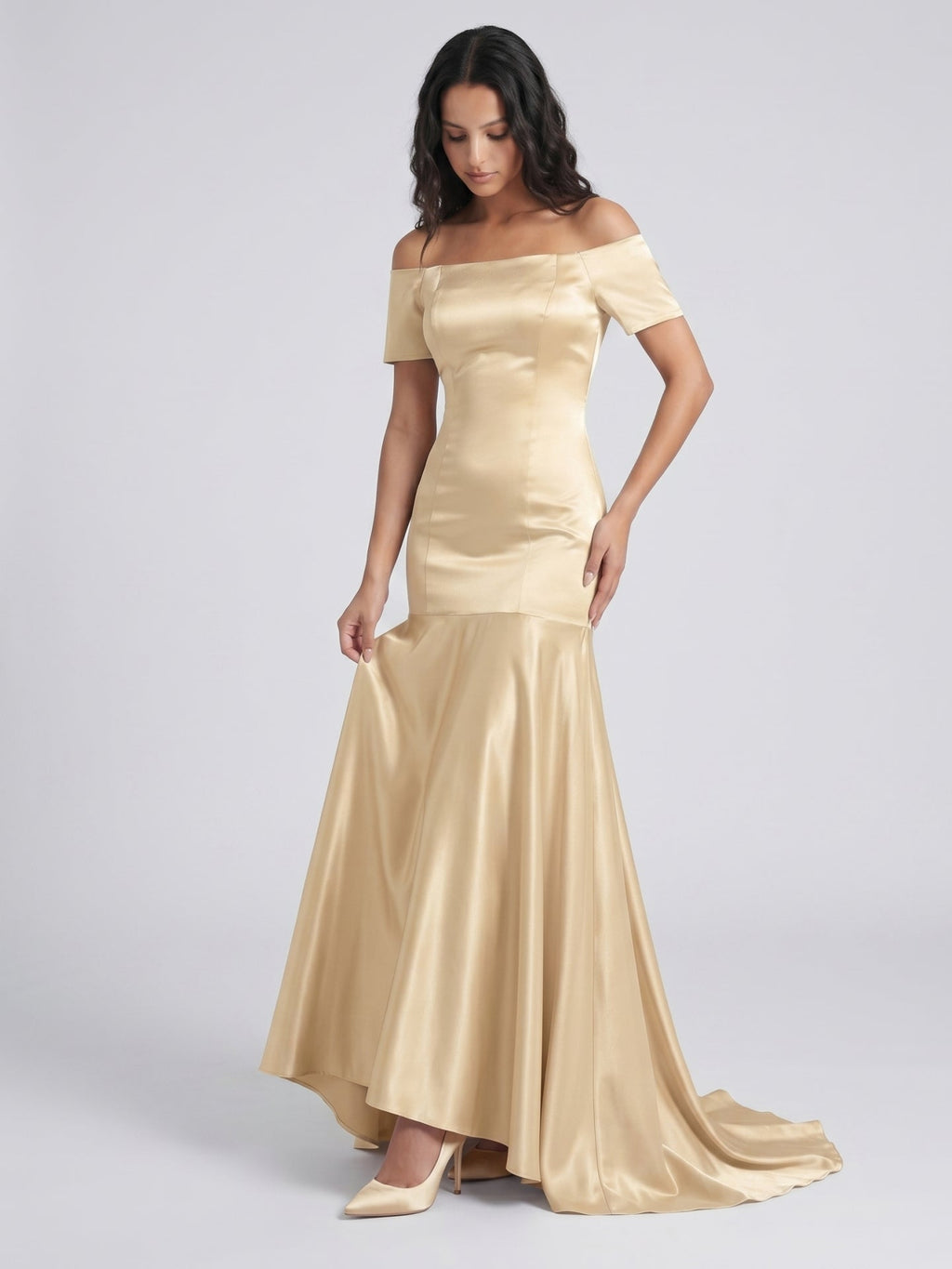 Champagne Satin Mermaid Off-the-Shoulder Back Zip Floor-Length Bridesmaid Dress with Pleats - Curvevia