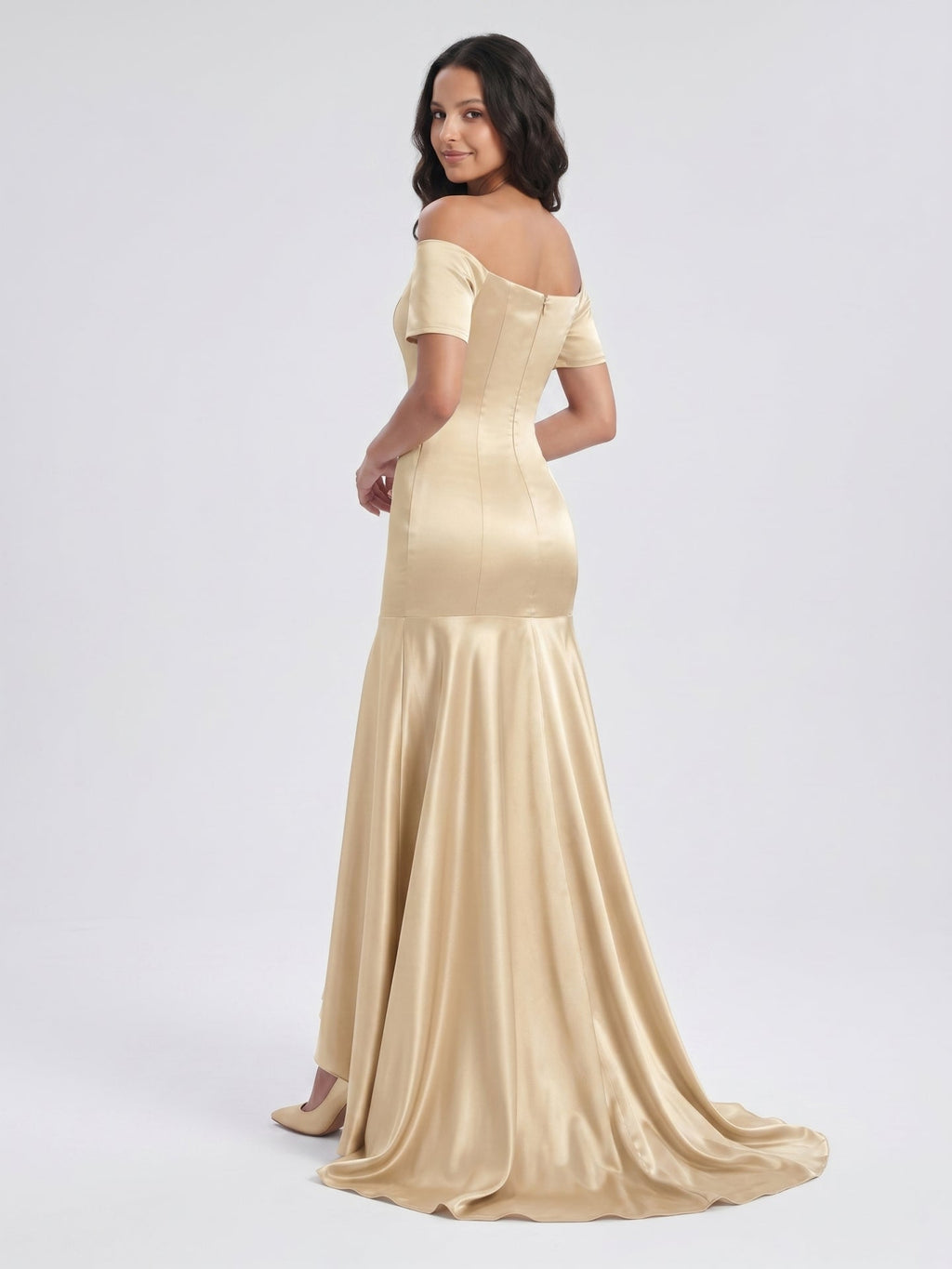 Champagne Satin Mermaid Off-the-Shoulder Back Zip Floor-Length Bridesmaid Dress with Pleats - Curvevia
