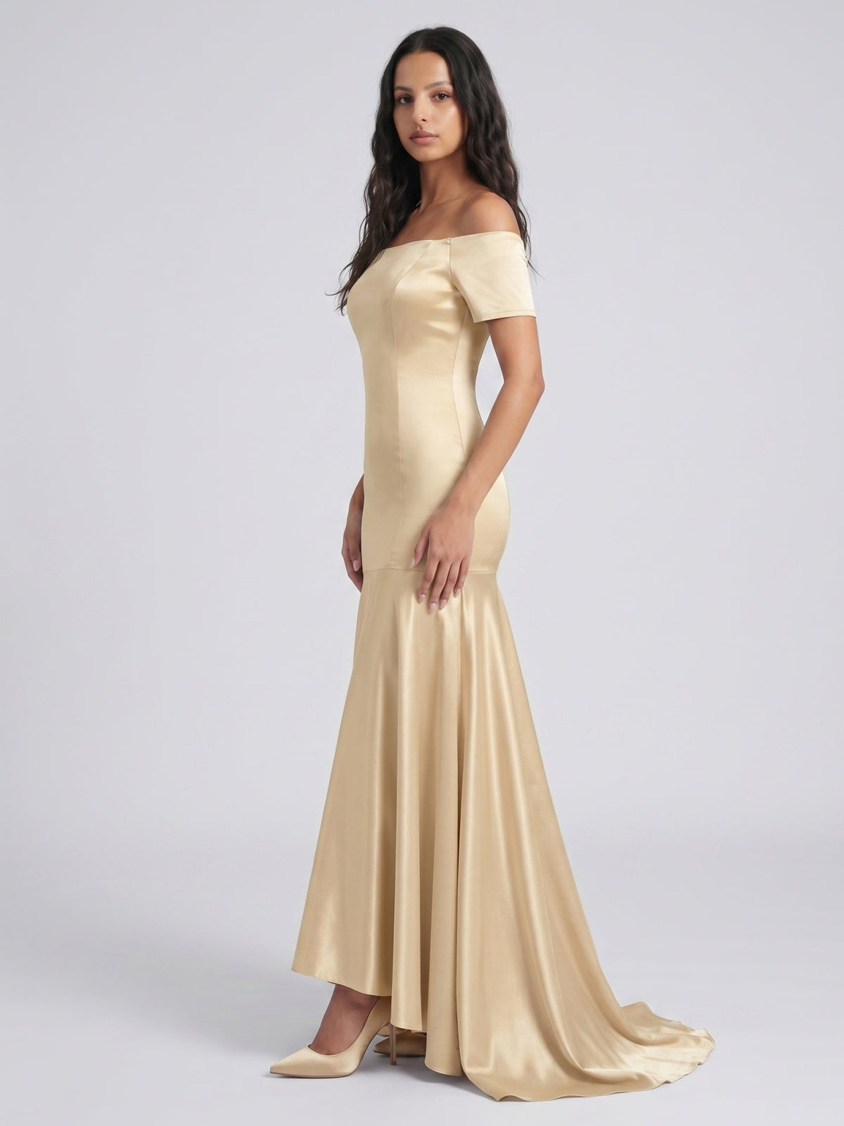 Champagne Satin Mermaid Off-the-Shoulder Back Zip Floor-Length Bridesmaid Dress with Pleats - Curvevia