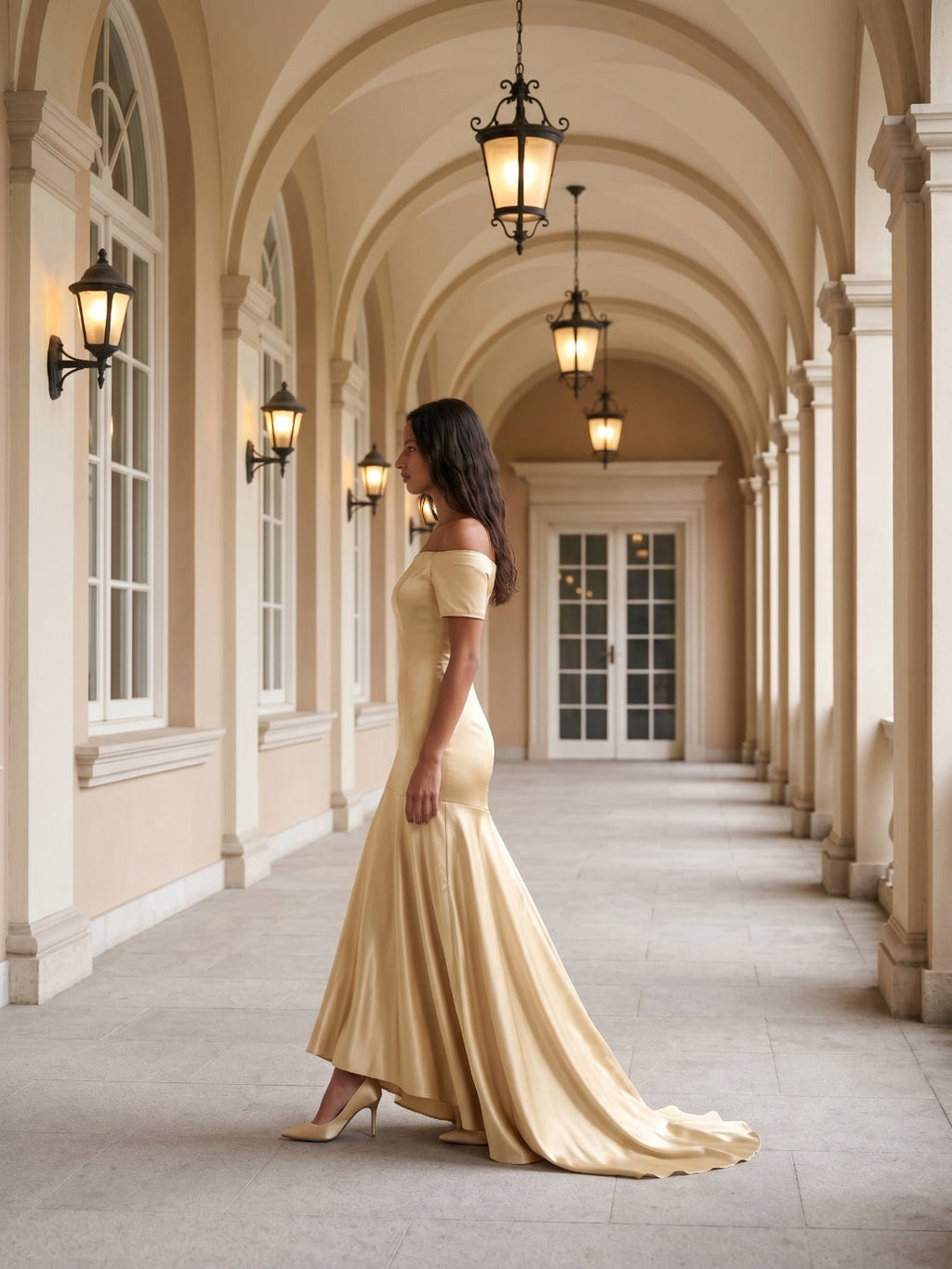 Champagne Satin Mermaid Off-the-Shoulder Back Zip Floor-Length Bridesmaid Dress with Pleats - Curvevia