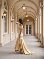 Champagne Satin Mermaid Off-the-Shoulder Back Zip Floor-Length Bridesmaid Dress with Pleats - Curvevia