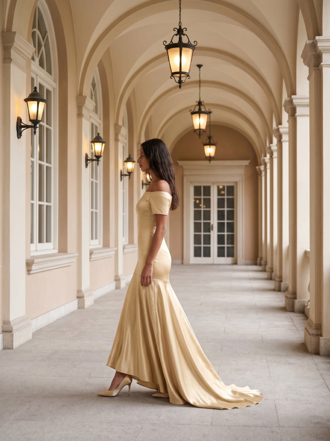 Champagne Satin Mermaid Off-the-Shoulder Back Zip Floor-Length Bridesmaid Dress with Pleats - Curvevia