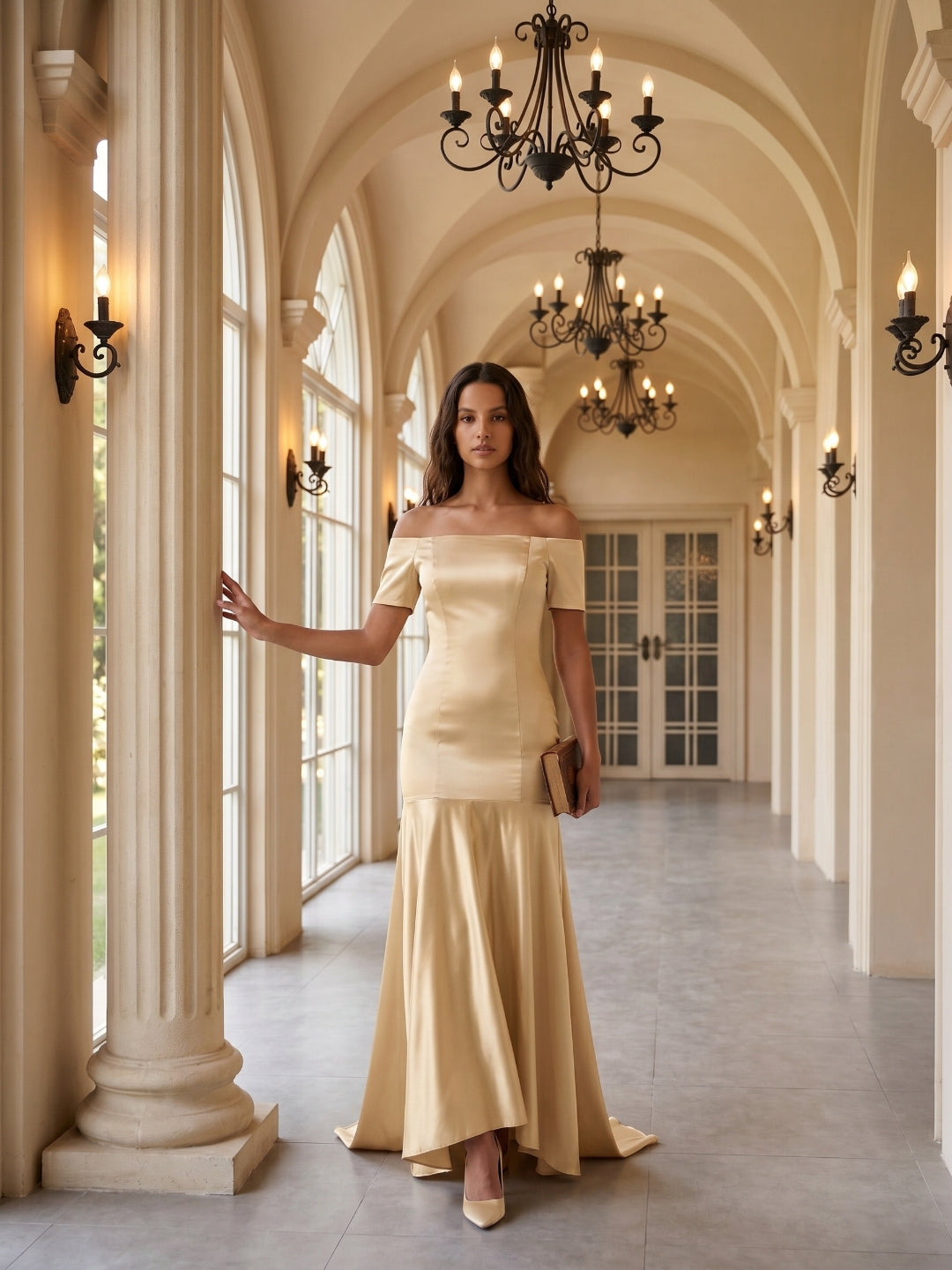 Champagne Satin Mermaid Off-the-Shoulder Back Zip Floor-Length Bridesmaid Dress with Pleats - Curvevia