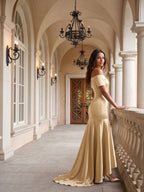 Champagne Satin Mermaid Off-the-Shoulder Back Zip Floor-Length Bridesmaid Dress with Pleats - Curvevia