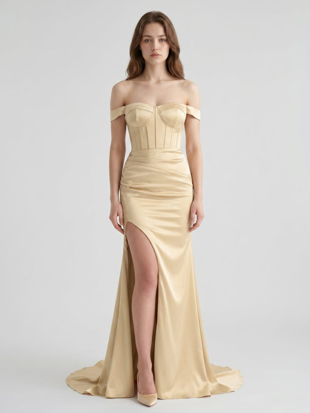 Champagne Satin Mermaid Off-the-Shoulder Corset Back Floor-Length Bridesmaid Dress - Curvevia