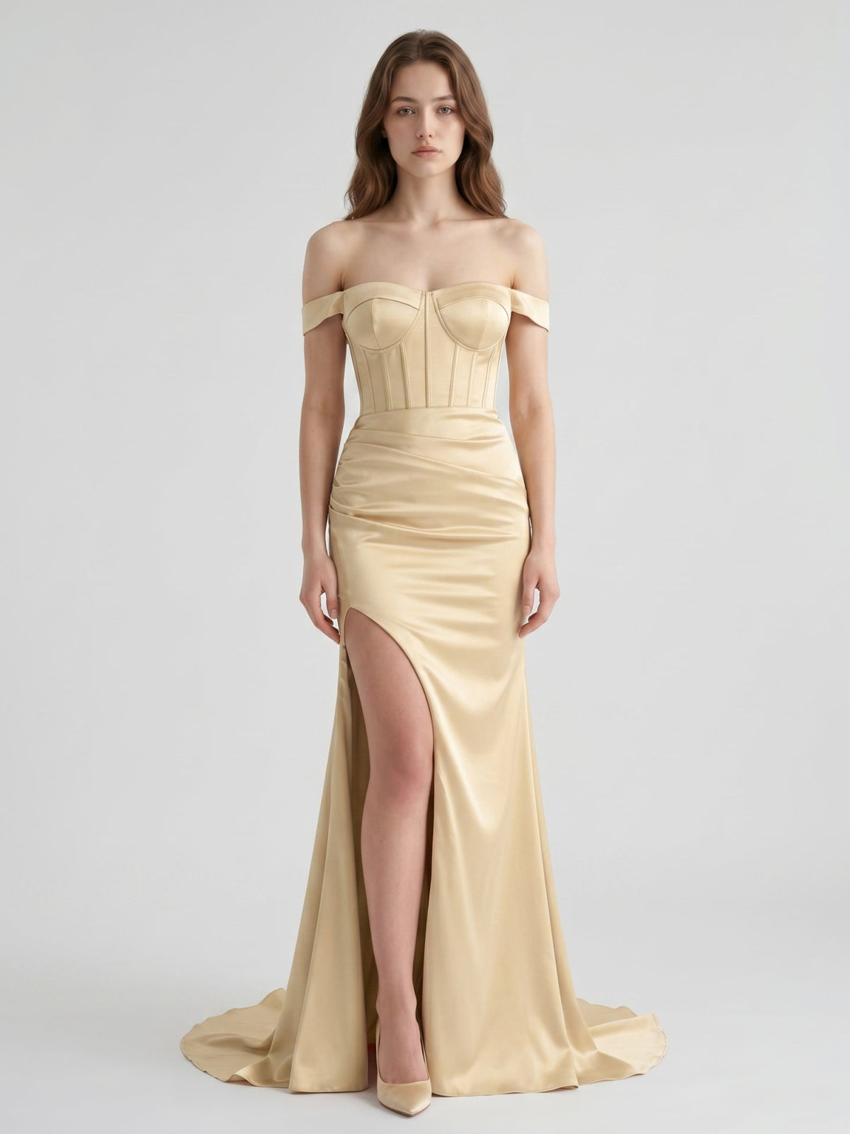 Champagne Satin Mermaid Off-the-Shoulder Corset Back Floor-Length Bridesmaid Dress - Curvevia