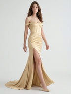 Champagne Satin Mermaid Off-the-Shoulder Corset Back Floor-Length Bridesmaid Dress - Curvevia
