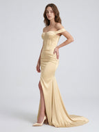 Champagne Satin Mermaid Off-the-Shoulder Corset Back Floor-Length Bridesmaid Dress - Curvevia