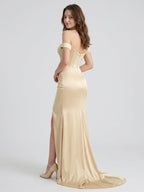 Champagne Satin Mermaid Off-the-Shoulder Corset Back Floor-Length Bridesmaid Dress - Curvevia