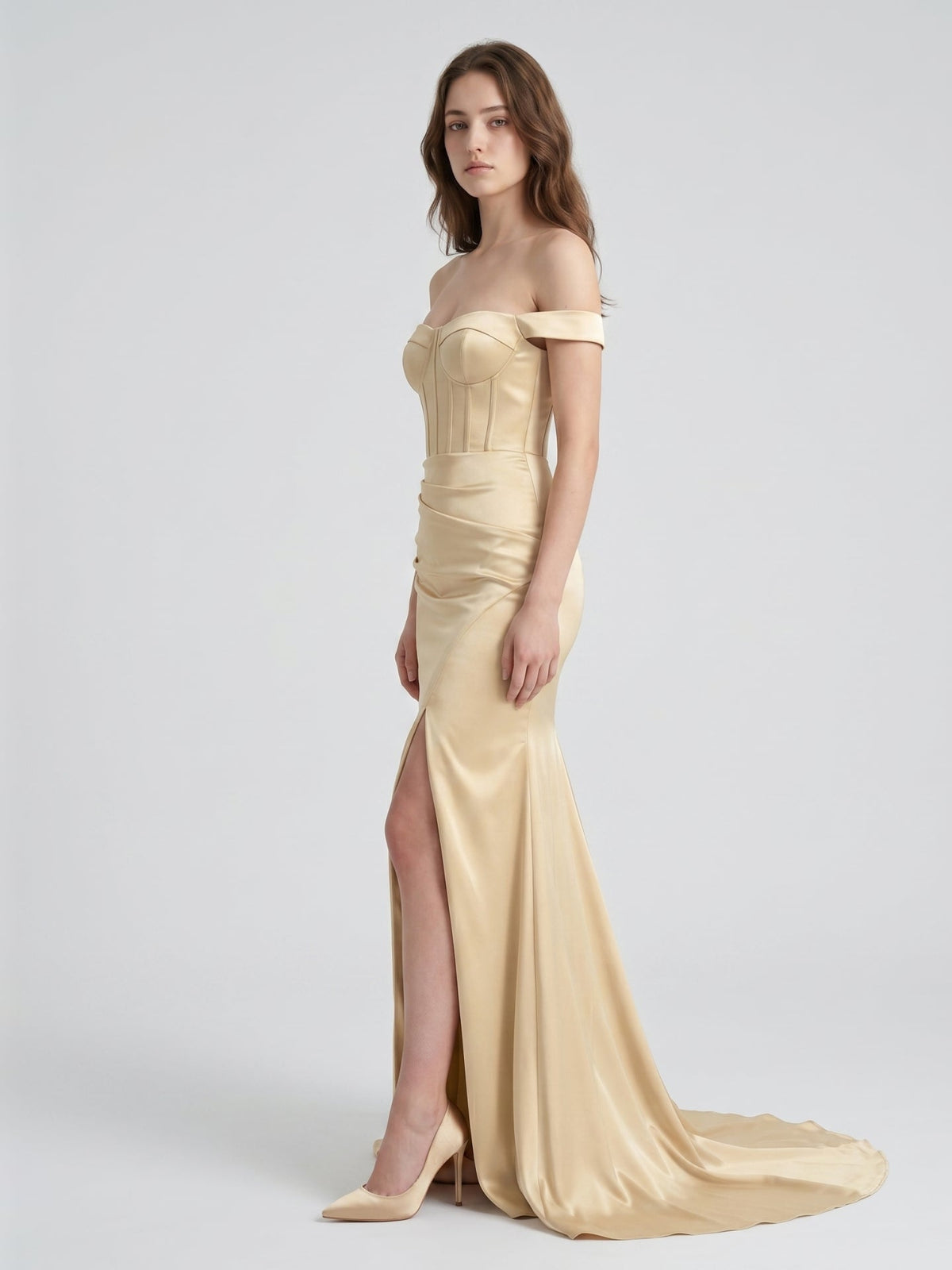 Champagne Satin Mermaid Off-the-Shoulder Corset Back Floor-Length Bridesmaid Dress - Curvevia