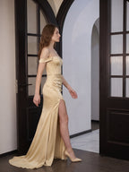 Champagne Satin Mermaid Off-the-Shoulder Corset Back Floor-Length Bridesmaid Dress - Curvevia