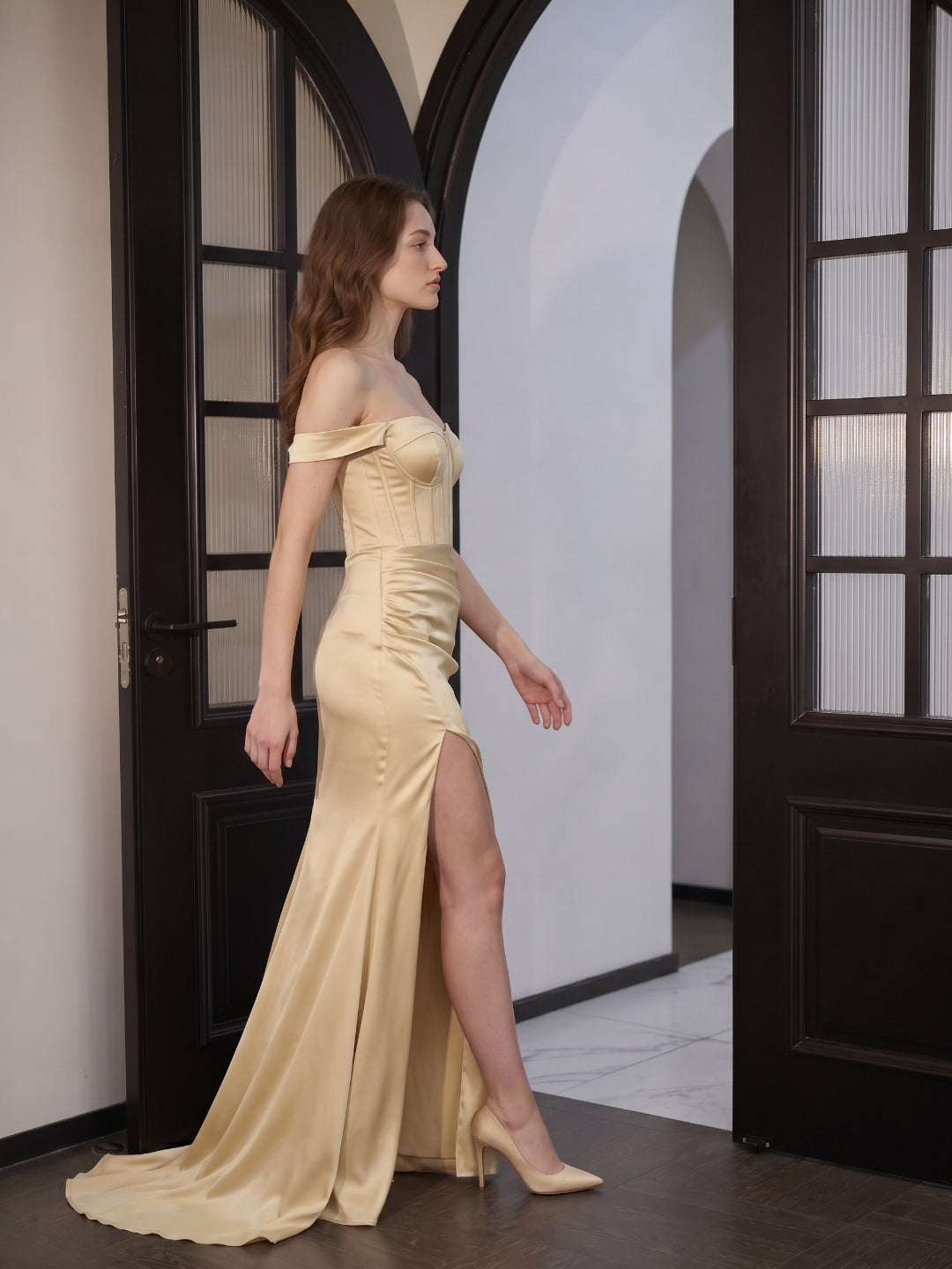 Champagne Satin Mermaid Off-the-Shoulder Corset Back Floor-Length Bridesmaid Dress - Curvevia