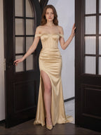 Champagne Satin Mermaid Off-the-Shoulder Corset Back Floor-Length Bridesmaid Dress - Curvevia