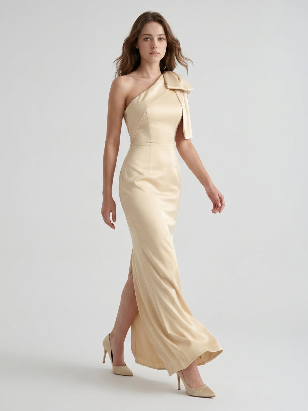 Champagne Satin Mermaid One-Shoulder Side-Zip Floor-Length Bridesmaid Dress with Bow - Curvevia