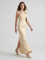 Champagne Satin Mermaid One-Shoulder Side-Zip Floor-Length Bridesmaid Dress with Bow - Curvevia
