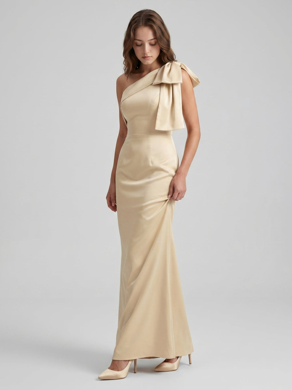 Champagne Satin Mermaid One-Shoulder Side-Zip Floor-Length Bridesmaid Dress with Bow - Curvevia
