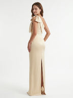 Champagne Satin Mermaid One-Shoulder Side-Zip Floor-Length Bridesmaid Dress with Bow - Curvevia