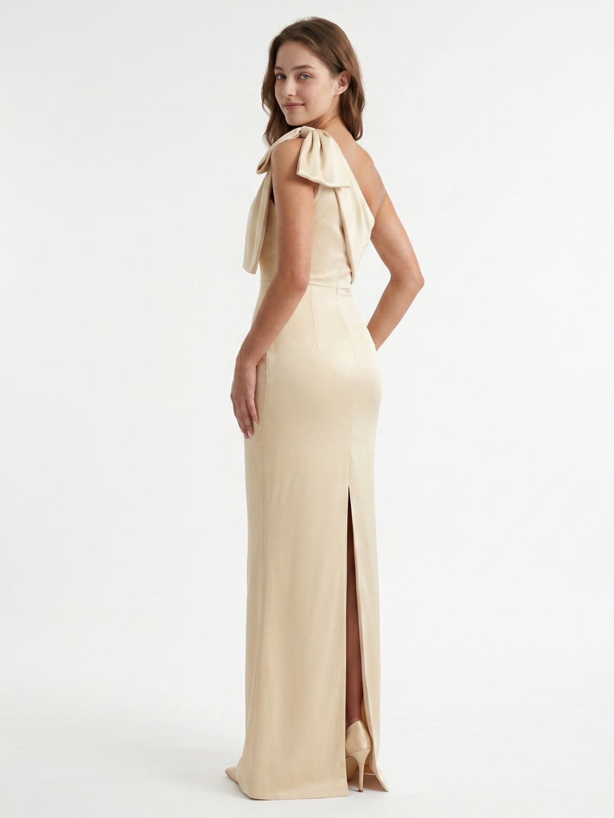 Champagne Satin Mermaid One-Shoulder Side-Zip Floor-Length Bridesmaid Dress with Bow - Curvevia