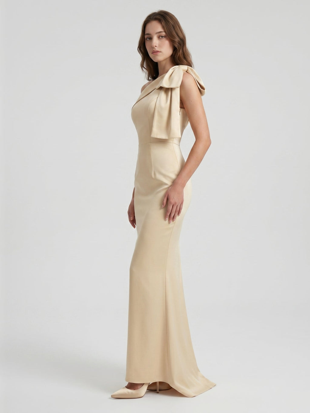 Champagne Satin Mermaid One-Shoulder Side-Zip Floor-Length Bridesmaid Dress with Bow - Curvevia