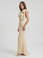 Champagne Satin Mermaid One-Shoulder Side-Zip Floor-Length Bridesmaid Dress with Bow - Curvevia