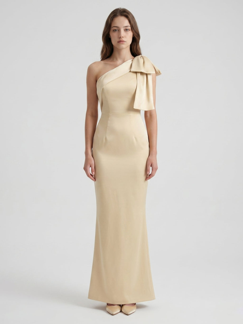 Champagne Satin Mermaid One-Shoulder Side-Zip Floor-Length Bridesmaid Dress with Bow - Curvevia