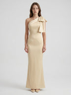 Champagne Satin Mermaid One-Shoulder Side-Zip Floor-Length Bridesmaid Dress with Bow - Curvevia